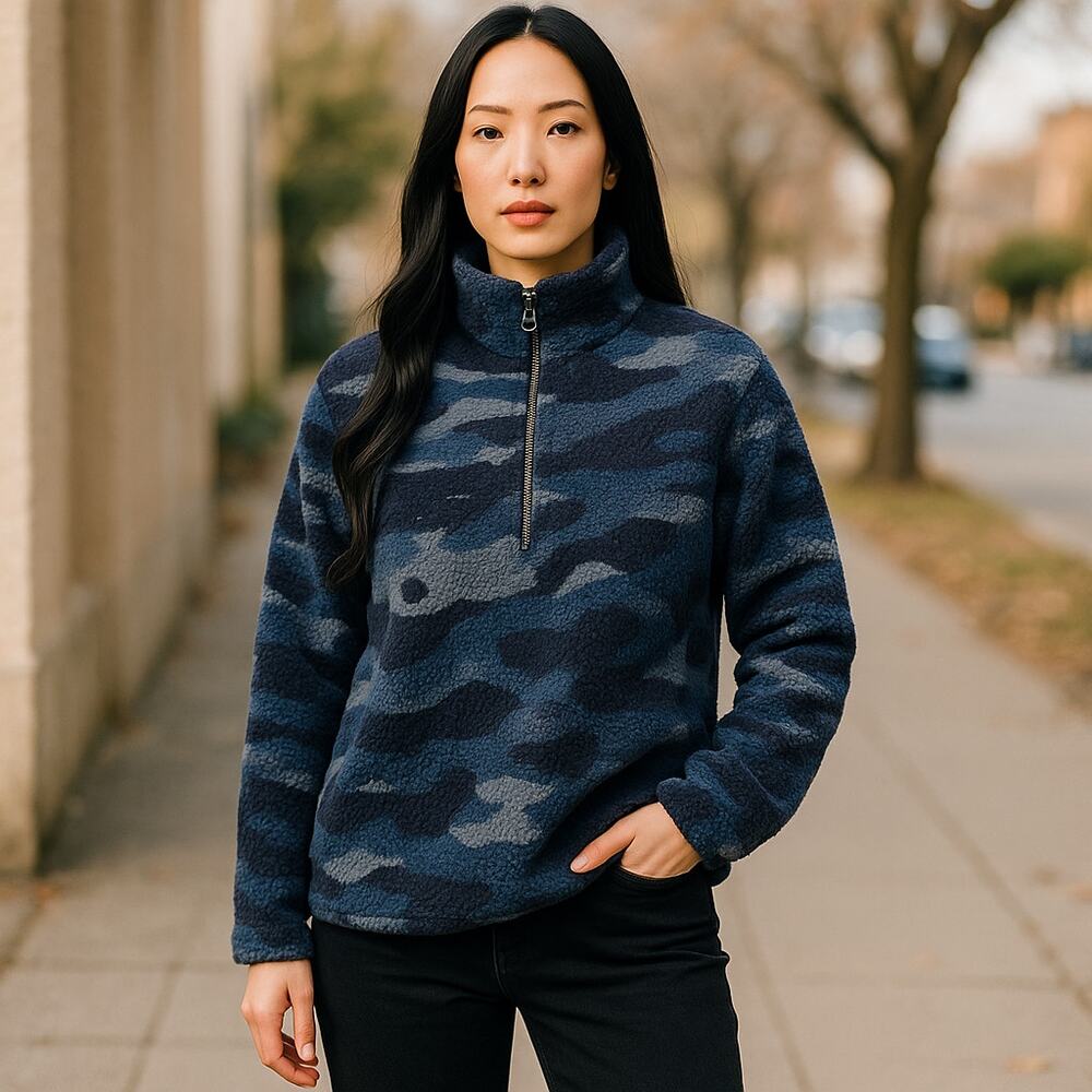 Como Womens Juniors Pullover Sz Small Blue Fleece Sherpa Teddy Camo Quarter Zip